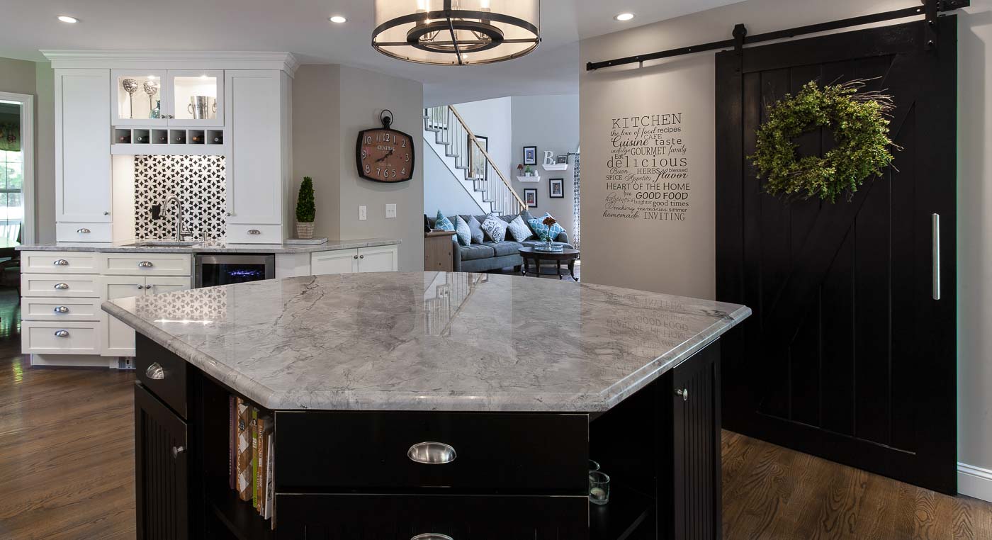 Island, wet bar and sliding barn-door